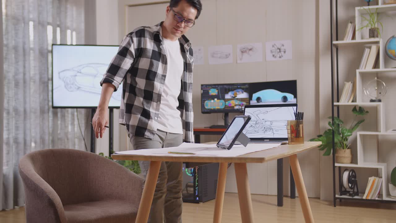아시아 남성이 앉아서 tv와 컴퓨터 디스플레이 3d 전기 자동차 모델을 가진 스튜디오에서 태블릿에 새로운 자동차 디자인 컨셉을 그리고 있습니다.