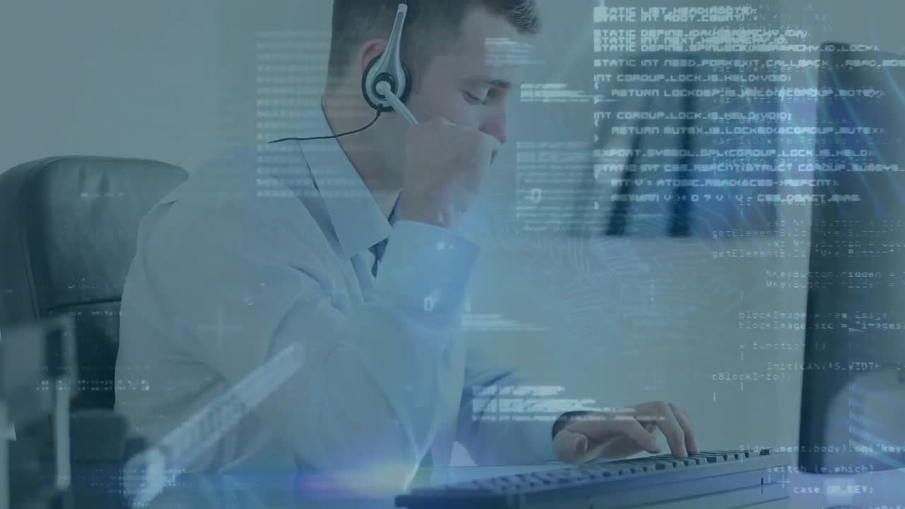 Animation of data processing over caucasian male customer care executives talking on phone headset