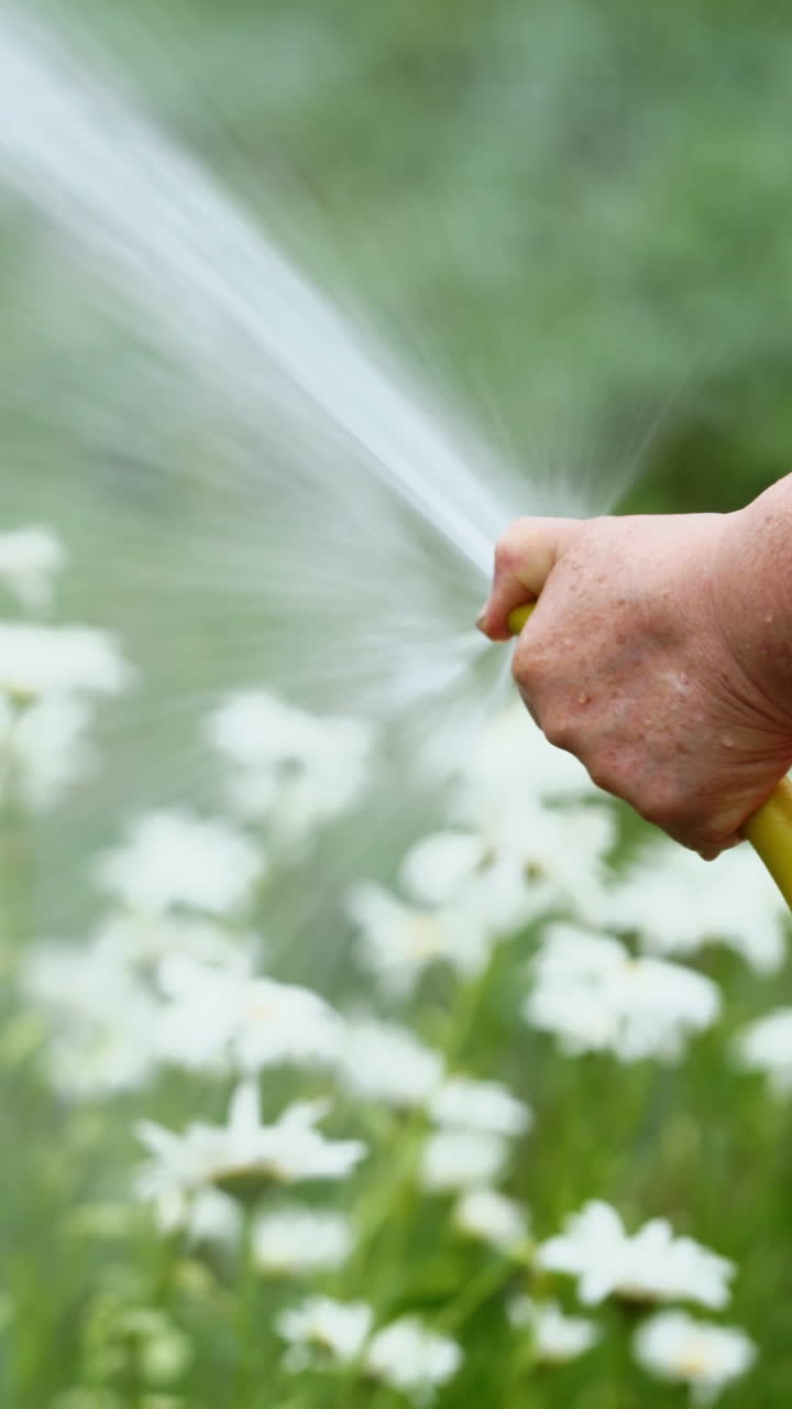 Water irrigation plants with a hose in the evening. Female's hand holding yellow hose pipe and watering white flowers in the garden. Vertical video