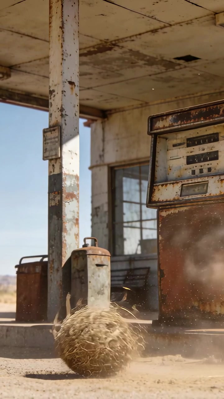 Vertical video: Rolling tumbleweed crossing desert gas station forecourt, driven by wind past pump