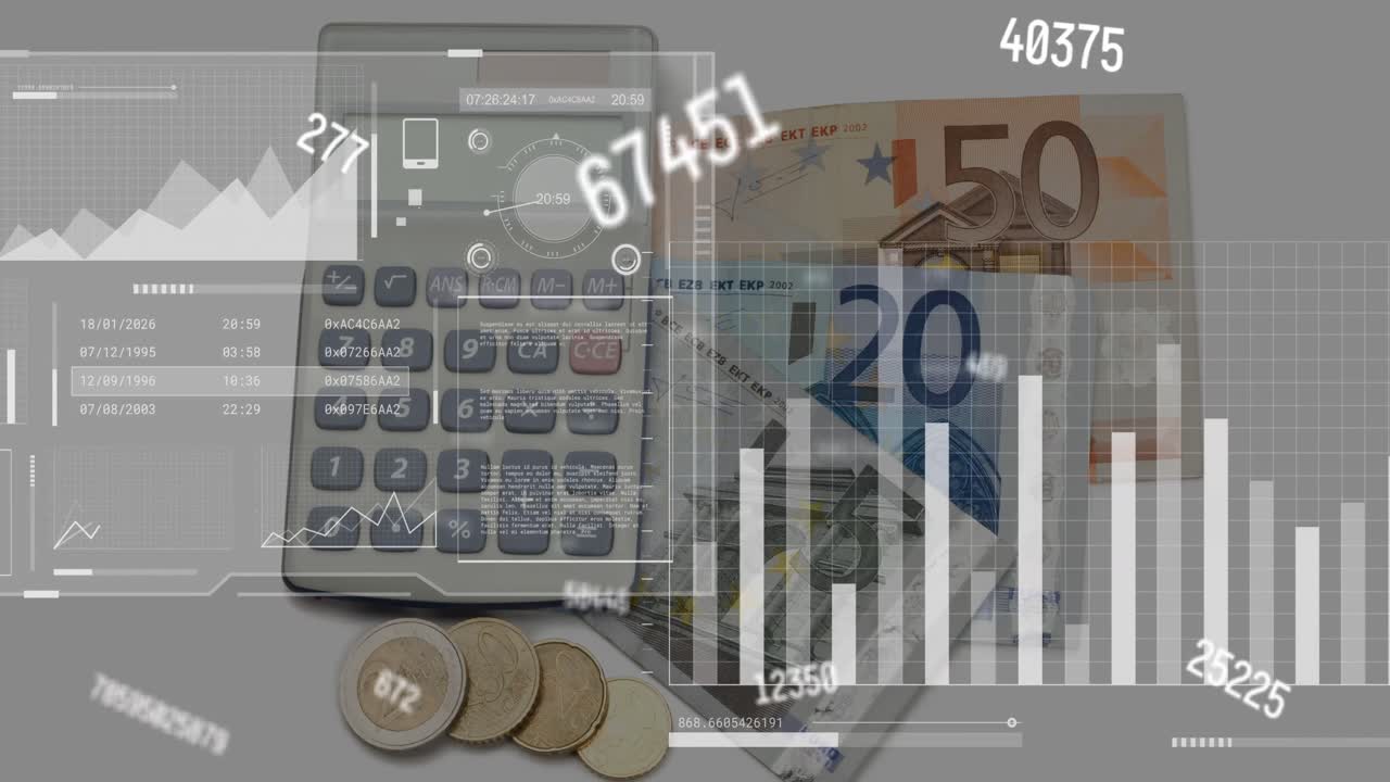 Animation of financial data processing over calculator, euro currency bills and coins