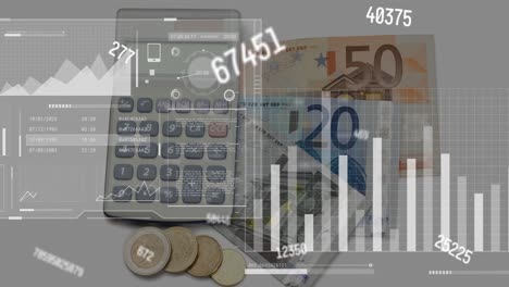 animation of financial data processing over calculator, euro currency bills and coins