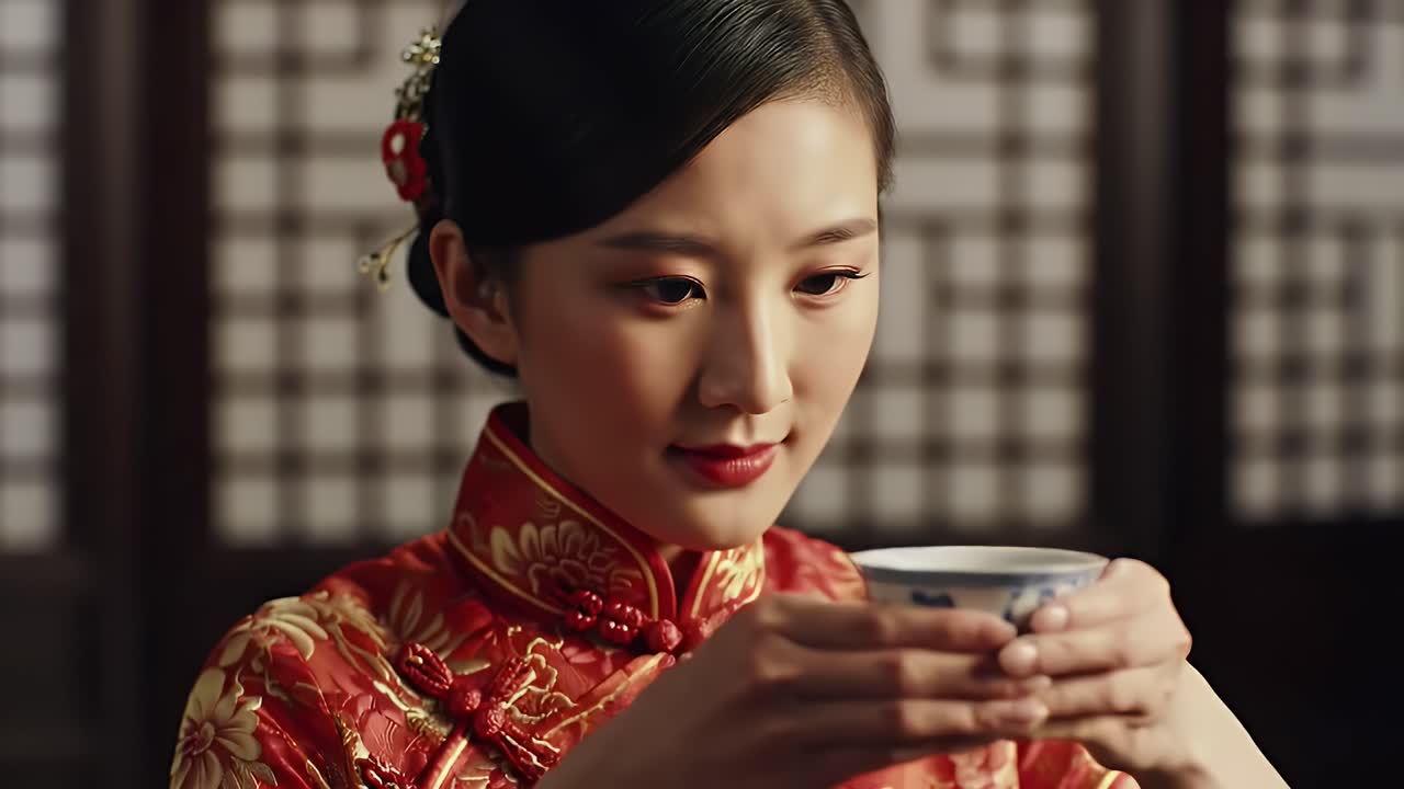 Elegant Asian Woman in a Traditional Red Dress Holding a Teacup.