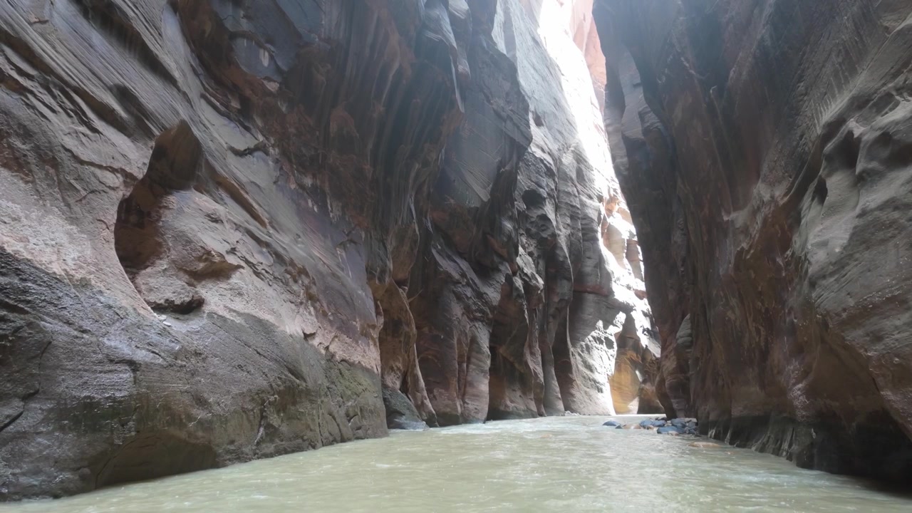 Zion Ulusal Parkı'ndaki The Narrows'un yüksek duvarlarının arasından bir nehir akıyor.
