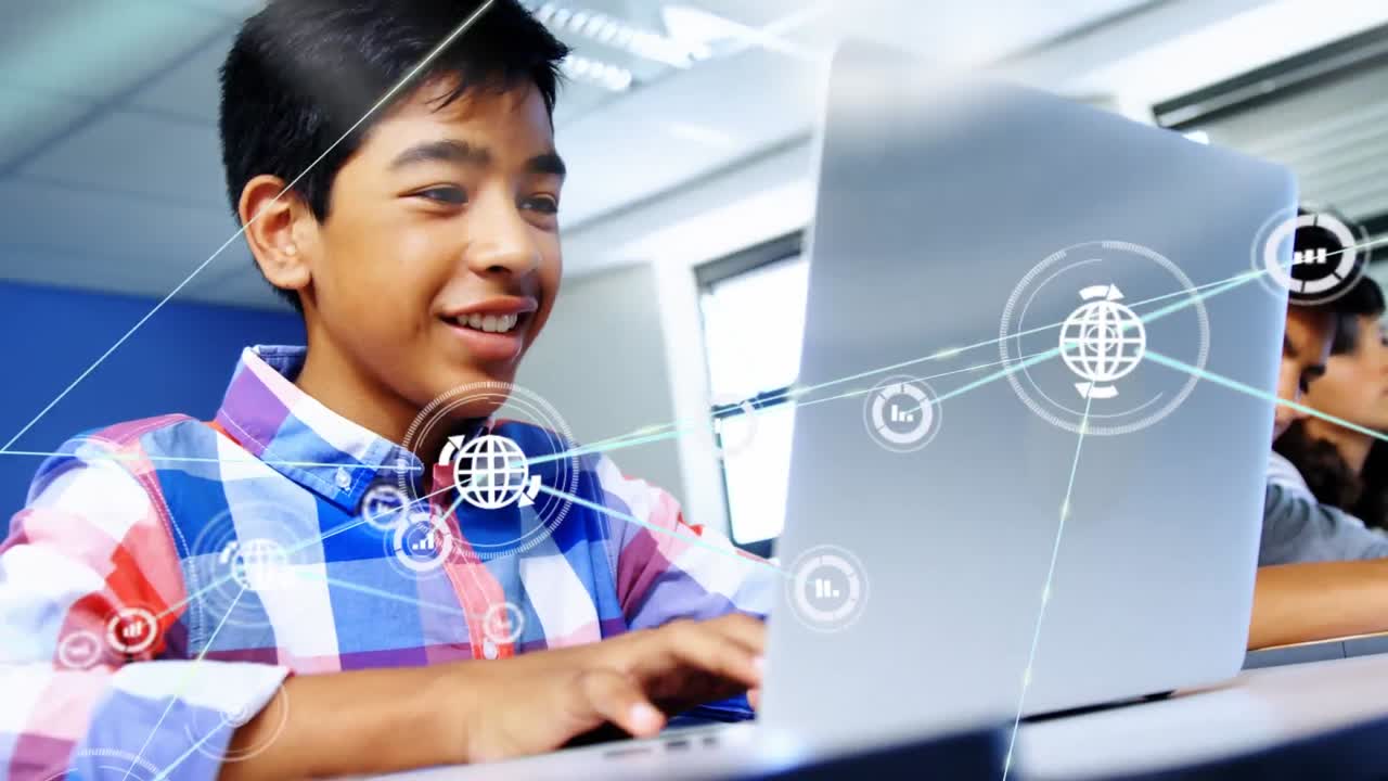 교실에서 노트북을 사용하는 다양한 학생들에 대한 아이콘과 연결 네트워크의 애니메이션