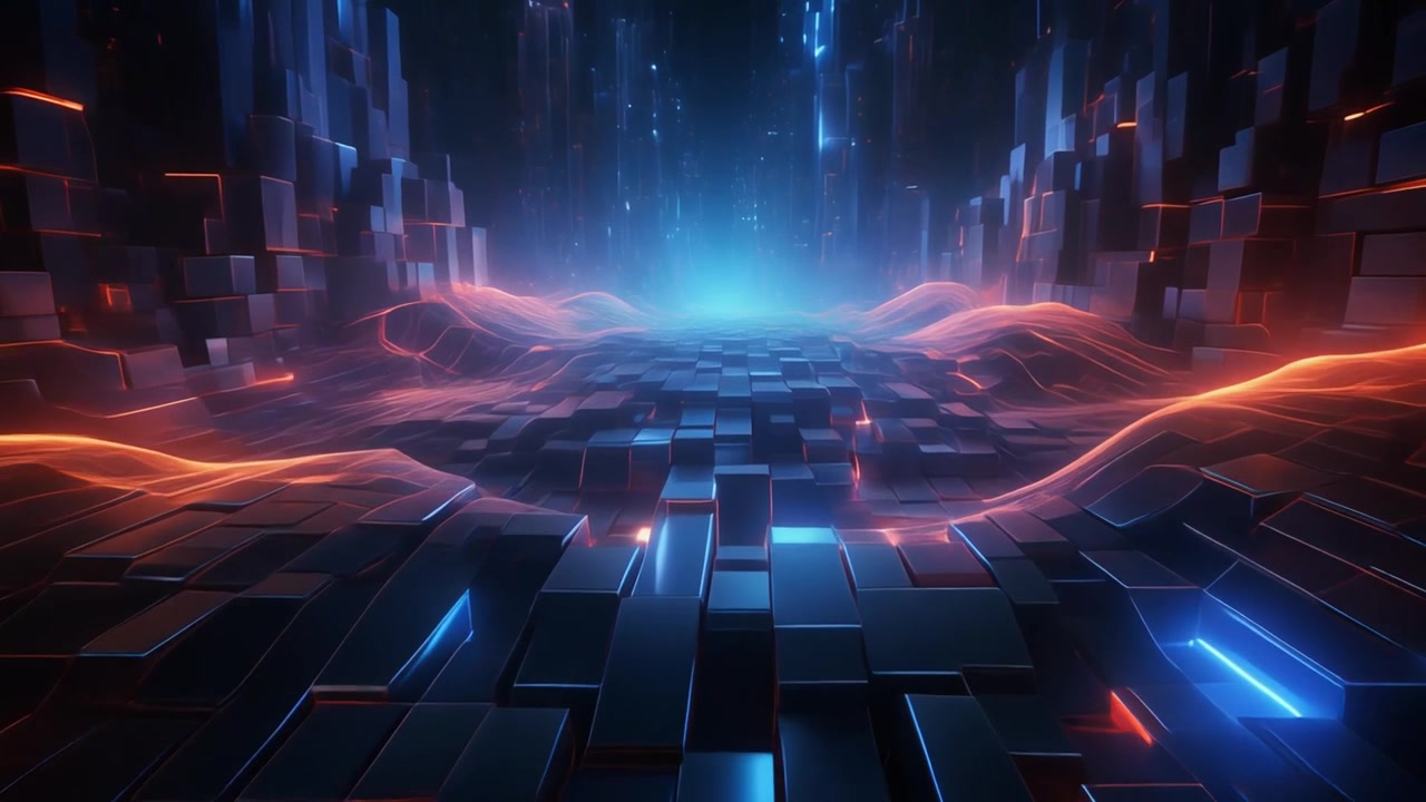 Abstract Digital Landscape with Glowing Orange Waves and Dark Geometric Blocks