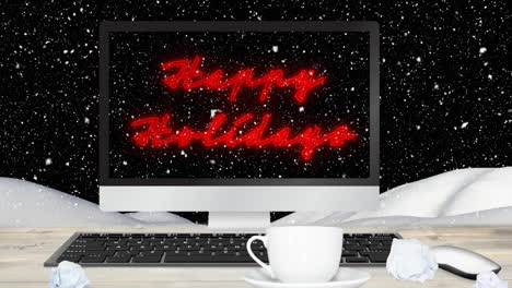 animation of happy holidays text on computer over snow falling on black background at christmas