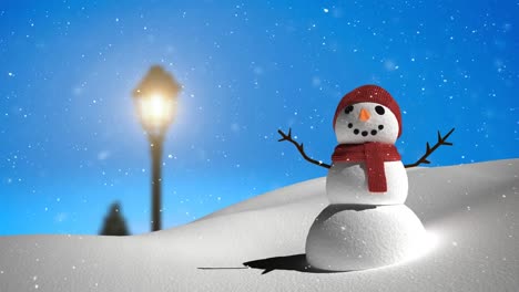 Animation-of-snow-falling-over-smiling-snowman-in-winter-scenery