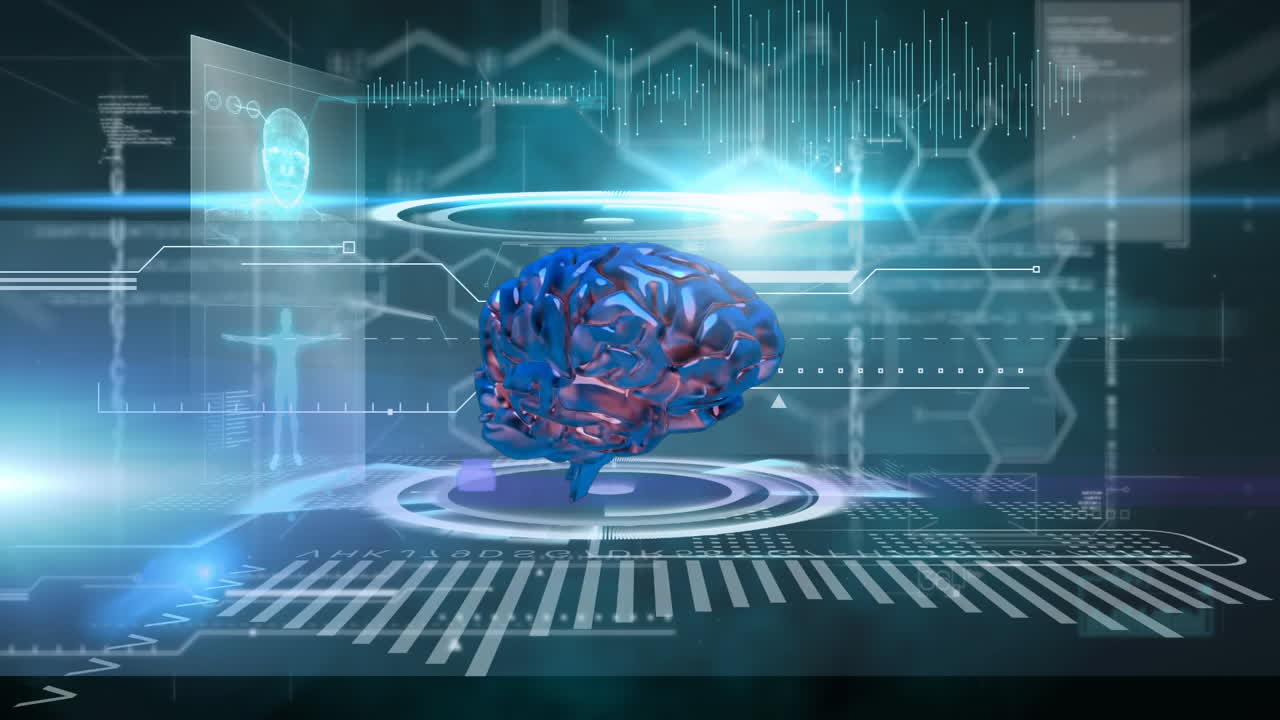 Animation of scopes scanning human brain and medical data processing on digital screen