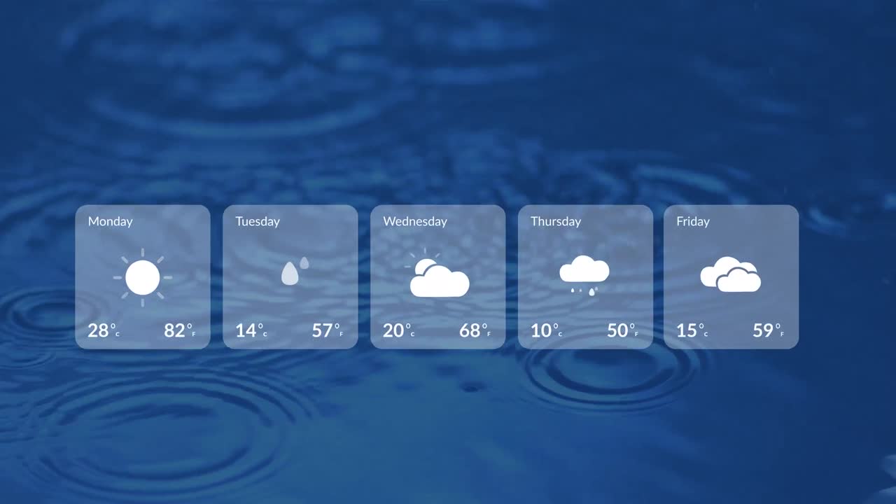 물 위의 비방울에 대한 기상 예보의 애니메이션