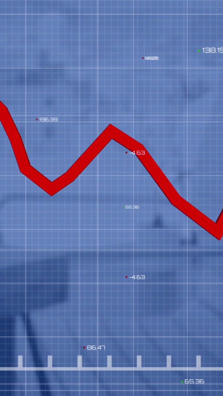 Animazione di un grafico rosso con numeri che cambiano su un motivo a griglia, su una scrivania e una sedia vuota.