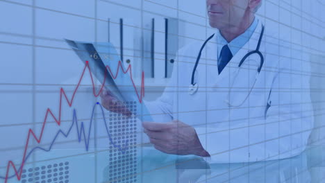 male doctor examining tablet with stethoscope in clinic analyzing animated medical graphs % figures