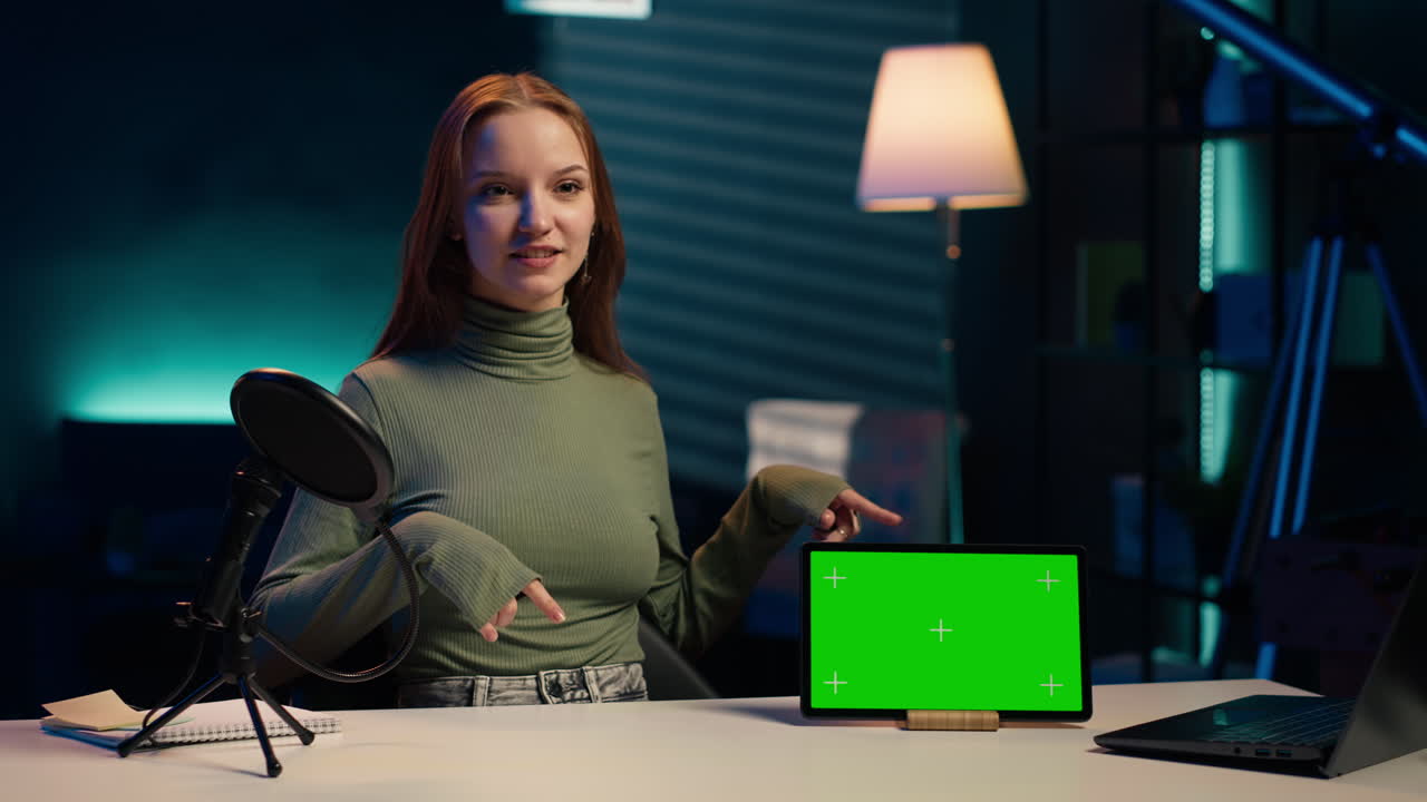 미소 짓는 십대가 추종자들을 소개합니다. 녹색 화면 모형 태블릿