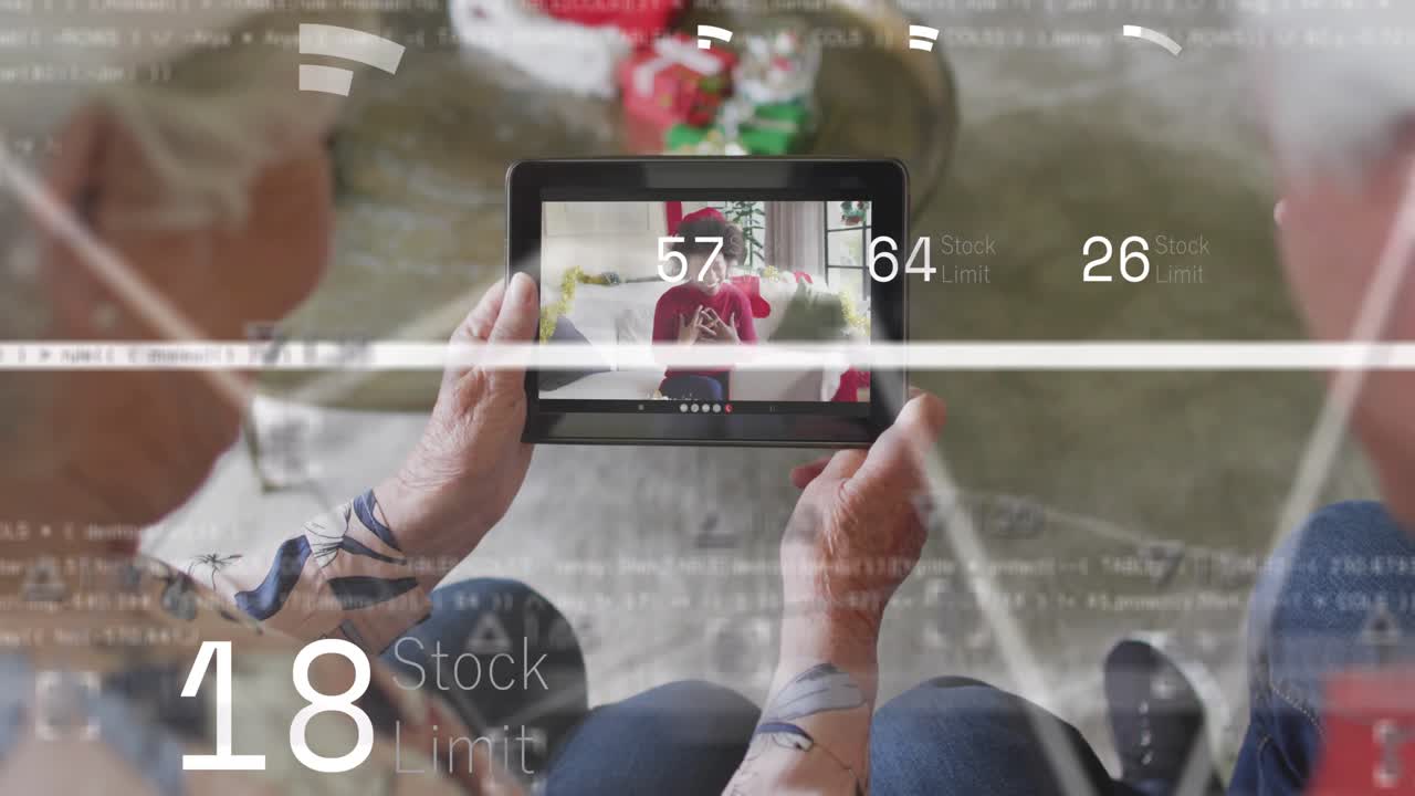 Senior couple holding tablet and tapping screen, causing tech HUD showing waveform, family timeline