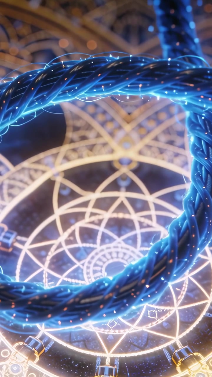 Video verticale: Panoramica della telecamera che inquadra una corda intrecciata illuminata di ciano che ruota, rivelando un disco mandala in studio