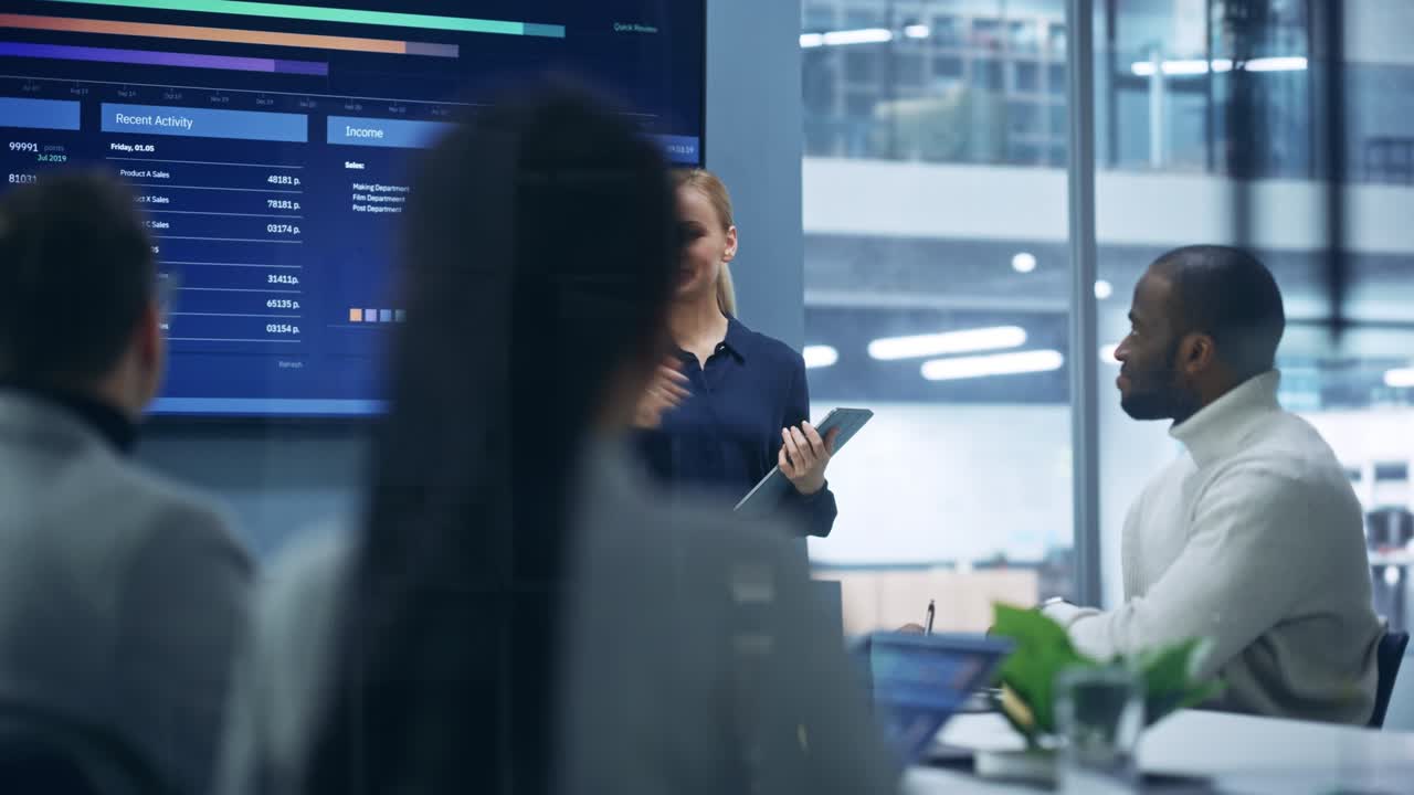 oficina moderna diversa: retrato de una exitosa mujer de negocios caucásica utiliza la pantalla de televisión con grandes datos, estadísticas, habla sobre el crecimiento de la empresa. empresarios digitales creativos trabajan en un proyecto de comercio electrónico