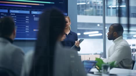 diverse modern office: portrait of successful caucasian businesswoman uses tv screen with big data, statistics, talks about company growth. creative digital entrepreneurs work on e-commerce project