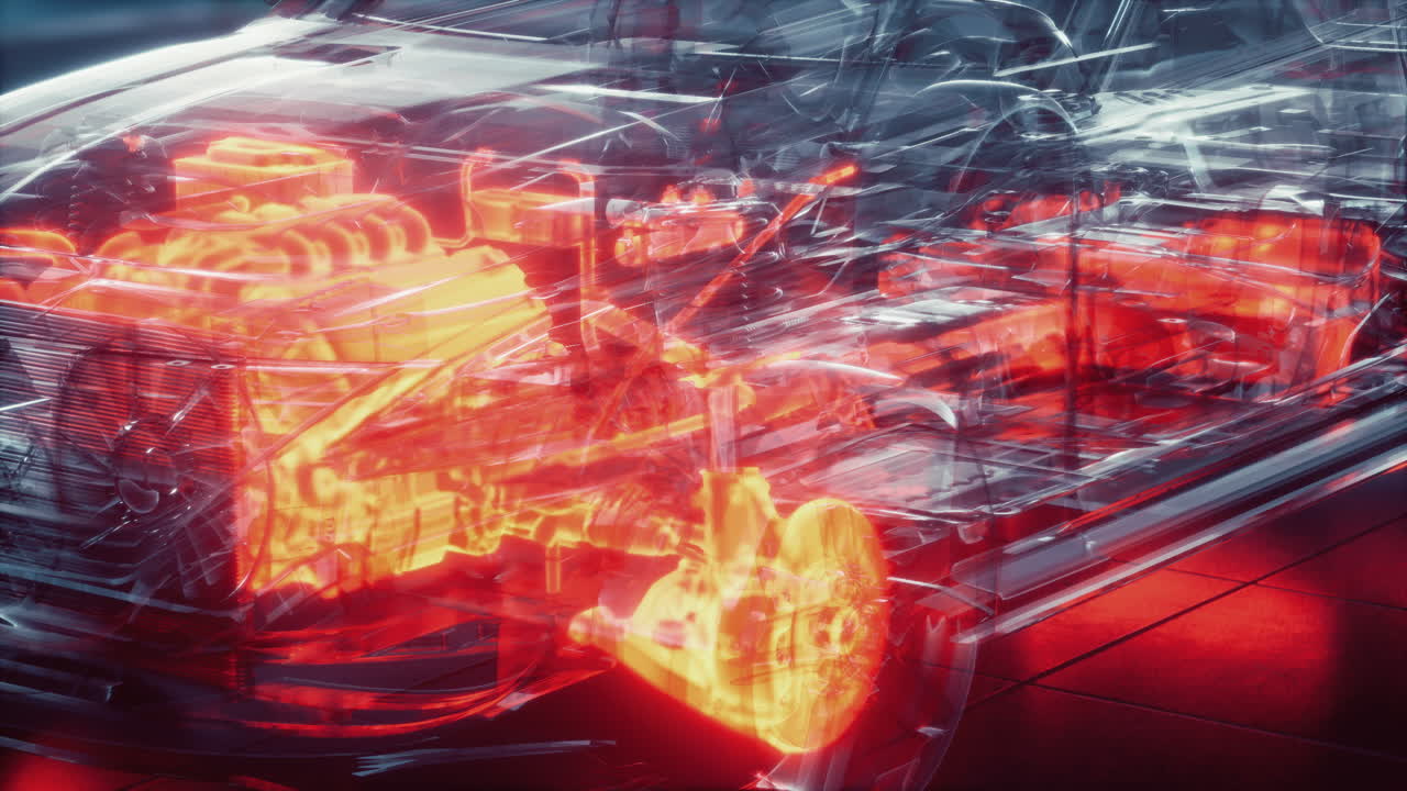 실험실에서 엔진이 있는 투명한 자동차