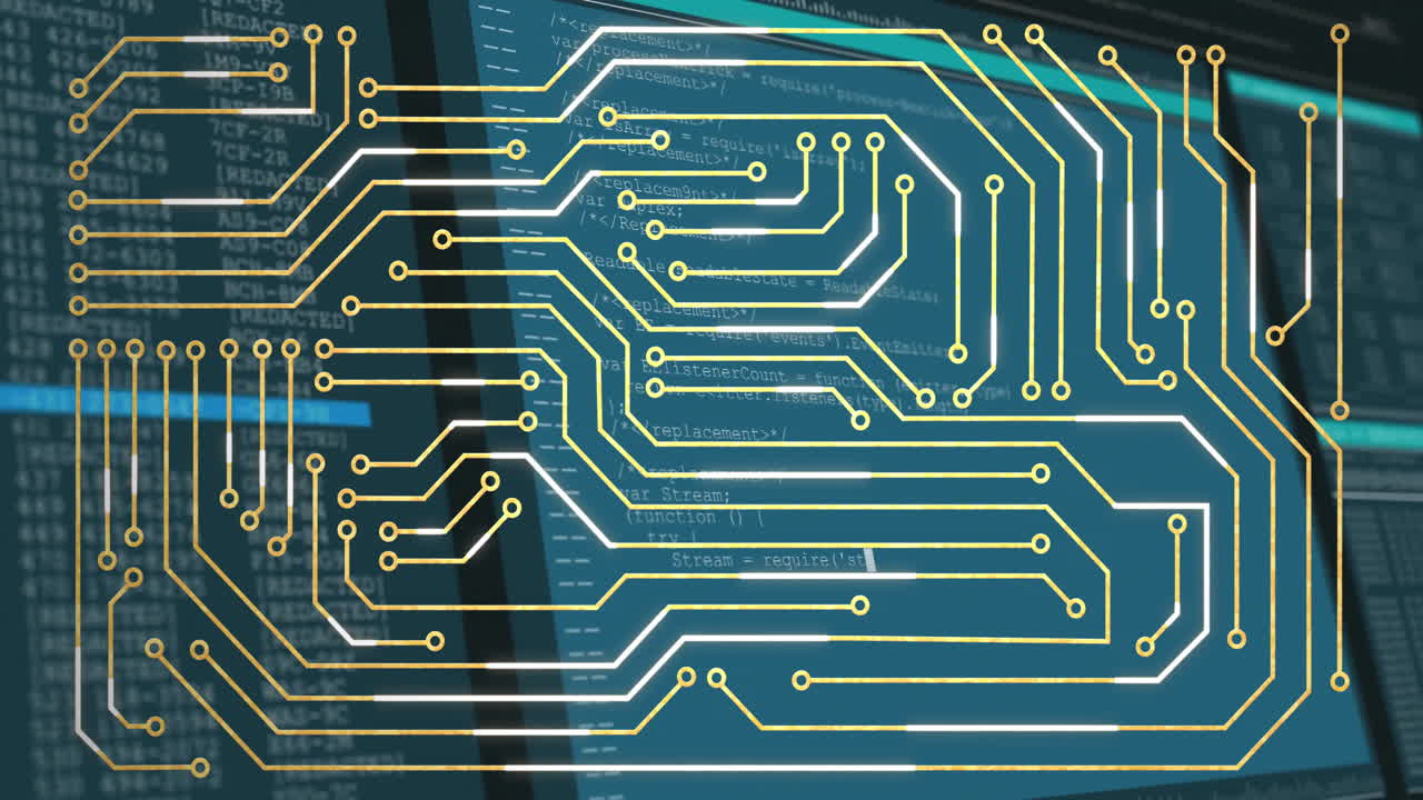 Animation overlaying circuit board pattern on screen, showcasing technology integration