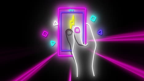 animation of strobing coloured light beams over neon hand using handheld digital game on black