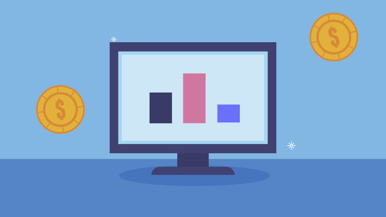 animación financiera con monedas y estadísticas en el escritorio