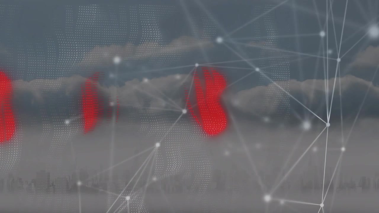 Animation of network of connections and red digital waves against aerial view of cityscape