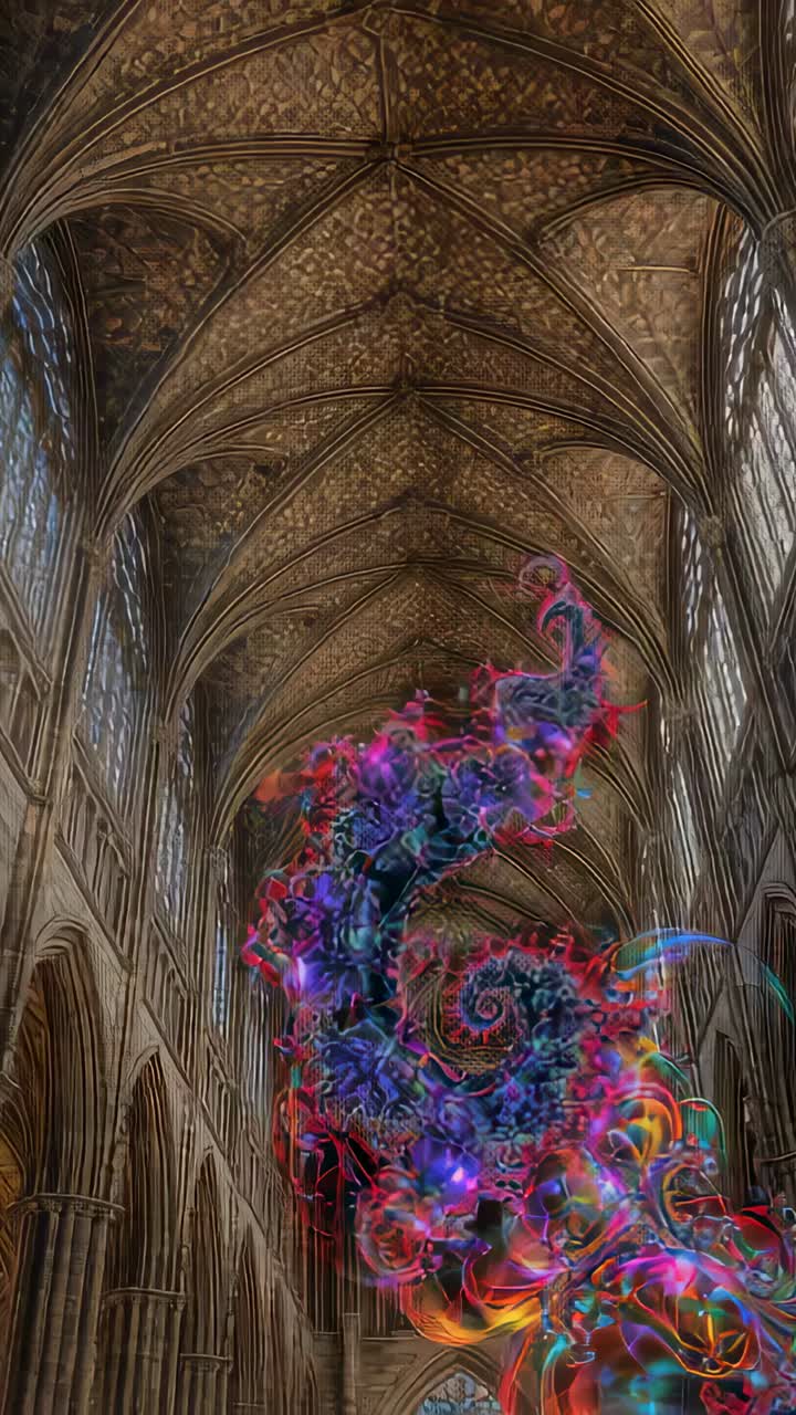 Vertical video: Emerging colorful spiral rising and pulsing from lower right toward ribbed vault