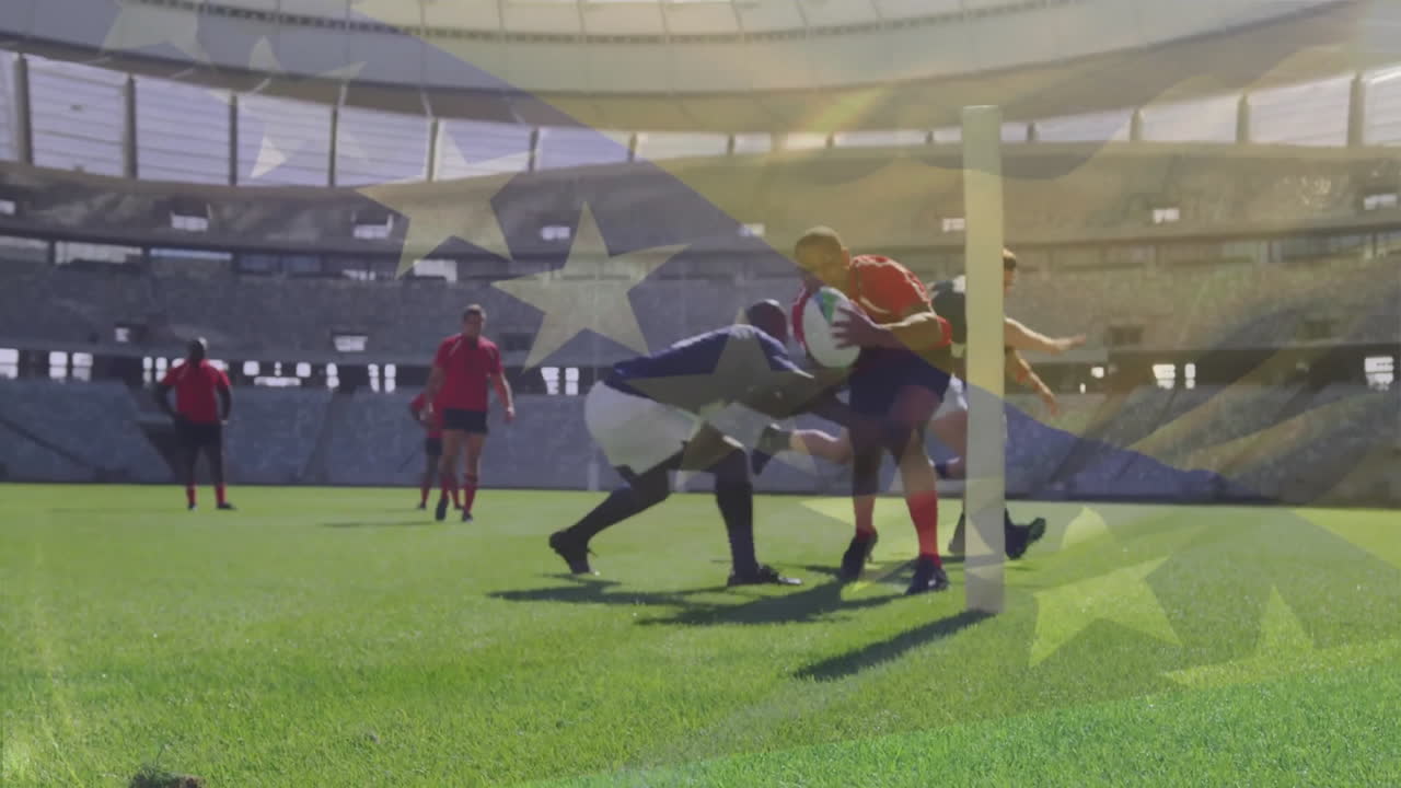 보스니아 헤르체고비나의 발이 다양한 남자 럭비 선수들이 경기장에서 뛰고 있는 장면