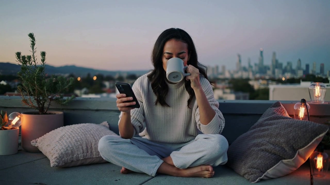 Donna con telefono, maglione e pantaloni che sorseggia da una tazza e controlla lo schermo per riposare sul tetto al tramonto