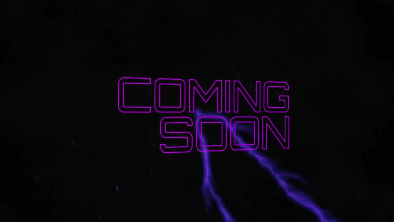 Jagged purple lightning streak initiating cyan beams sweeping revealing neon COMING SOON pulsing