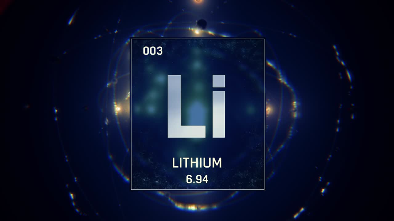 Lithium as Element 3 of the Periodic Table 3D animation on blue background