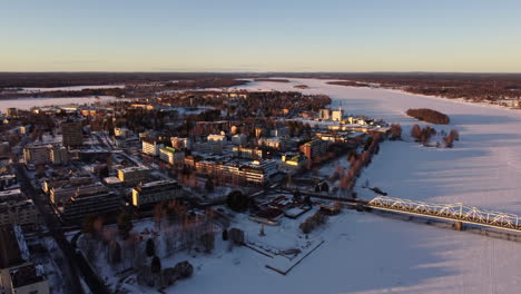 winter landscape over tornio city and municipality in lapland, finland. aerial drone shot