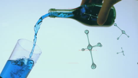 pouring blue liquid into glass, molecular structure animation in scientific experiment