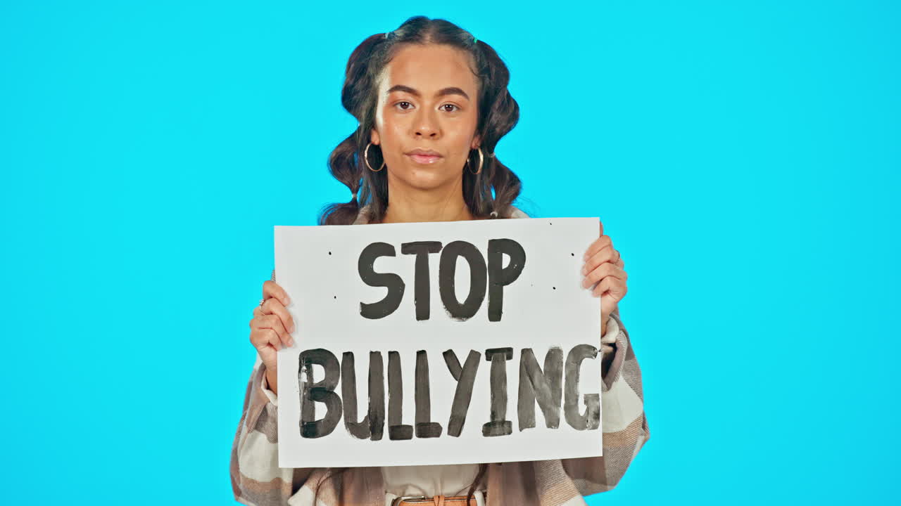 Portrait, poster and bullying with a woman