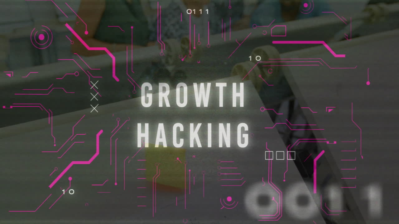 Growth hacking text animation over blurred background with digital elements