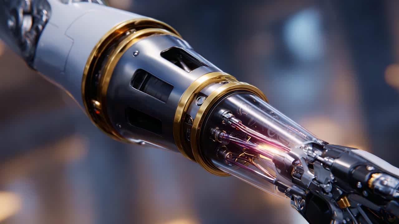 Intricate Design of a Futuristic Robotic Arm Featuring Advanced Mechanics and Illuminated Components Showcasing Cutting-Edge Technology and Innovation