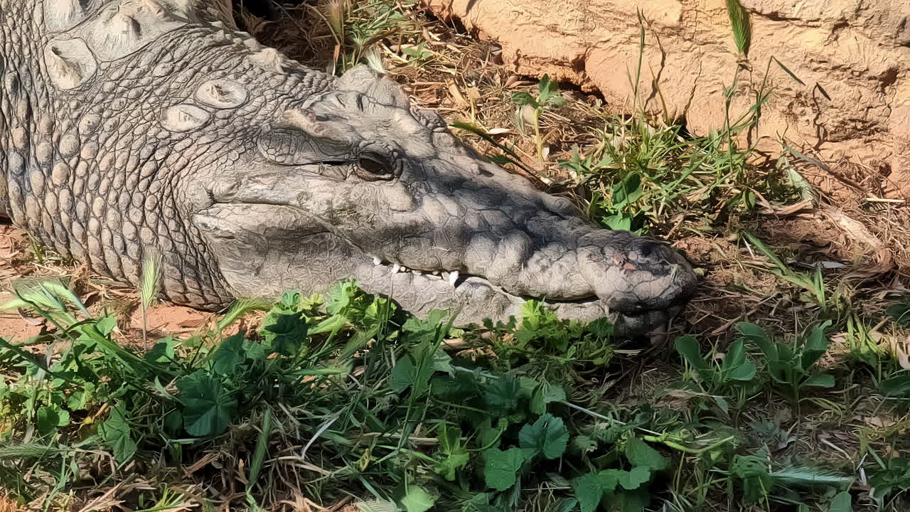 cabeza de cocodrilo del nilo tomando el sol en la hierba con los ojos abiertos