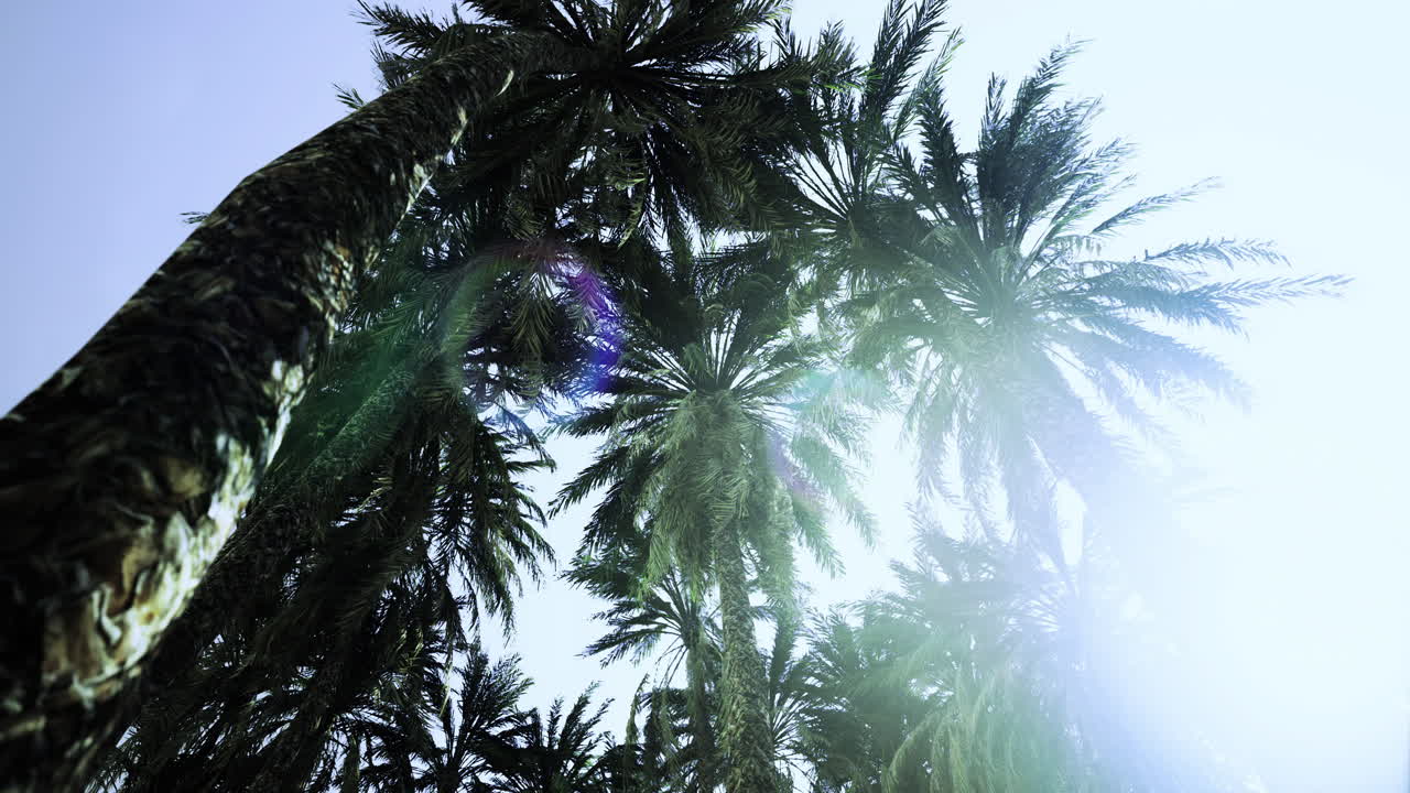 Lush palm trees reaching towards bright blue sky in tropical paradise
