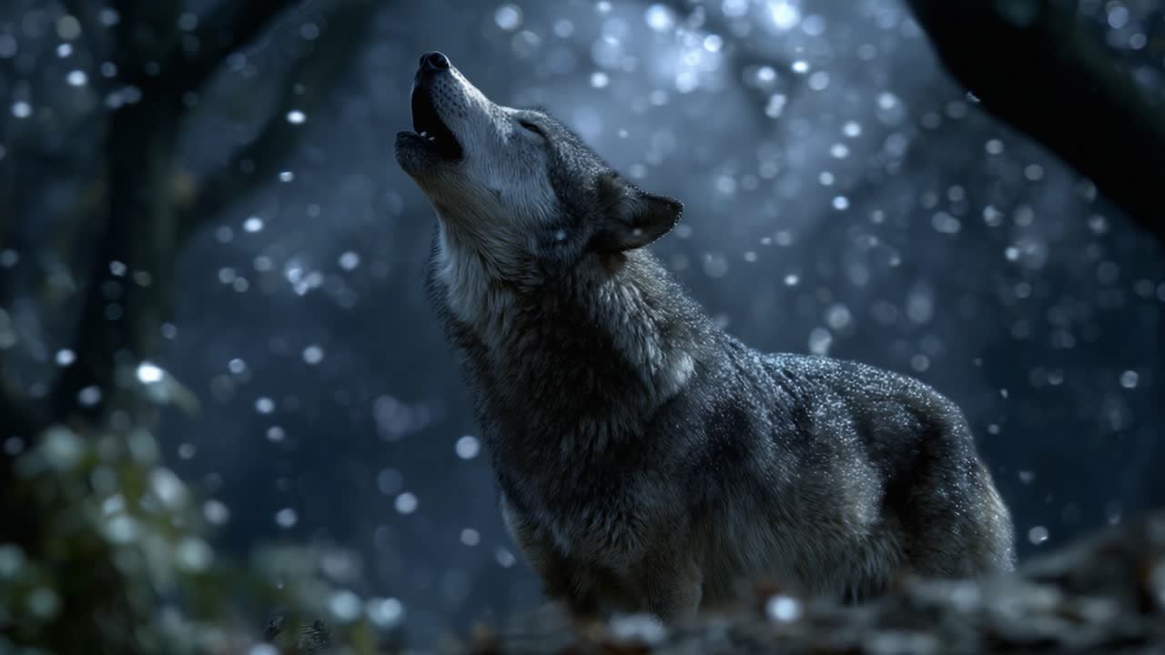 Majestic Wolf Howling Under a Starry Sky: A Beautiful Scene Capturing the Essence of Wilderness and Nature’s Untamed Spirit Amidst a Snowy Night