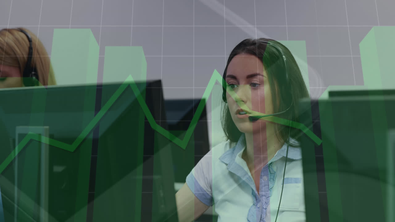 animación de múltiples gráficos sobre hermosa mujer caucásica hablando por los auriculares en la oficina