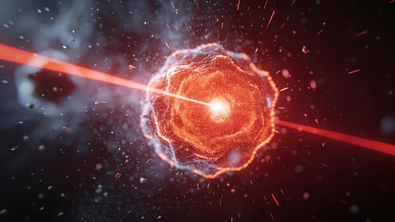 Charging plasma sphere brightening in dark space, incoming red beam sustaining core, filaments