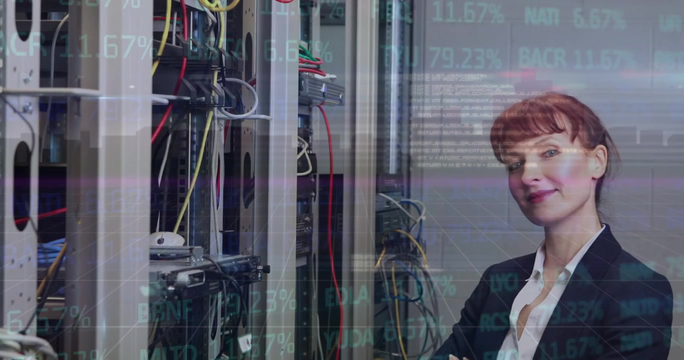Stock market data processing over portrait of caucasian female engineer smiling at server room