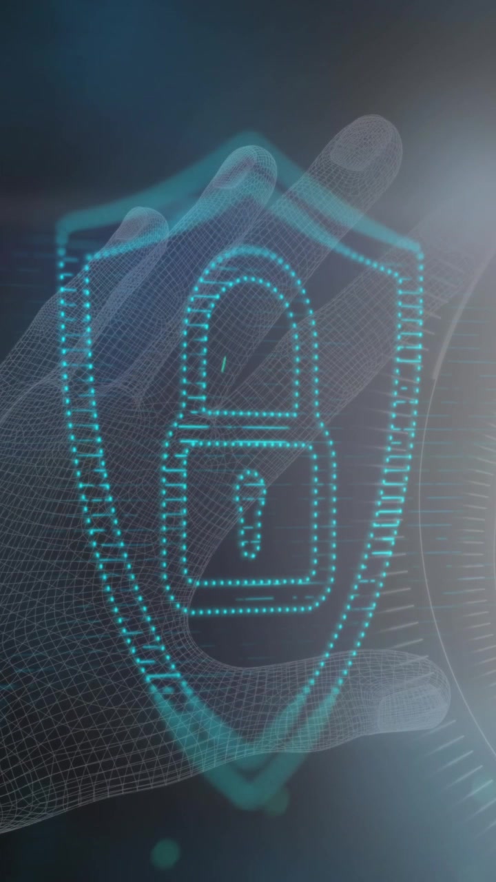 Animazione di un lucchetto di sicurezza online su una mano e scansione.
