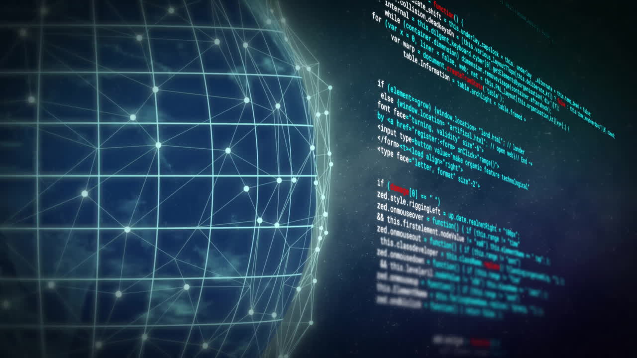 Animation of digital data processing and globe with connections over black background