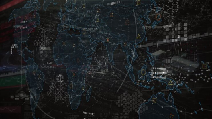 Animation of scope scanning and world map and data processing over cityscape