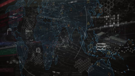 animación de escaneo de alcance y mapa del mundo y procesamiento de datos sobre el paisaje urbano