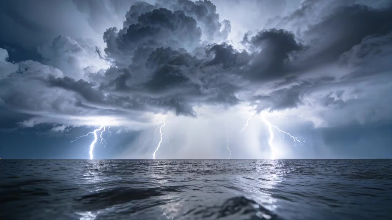 Flashing lightning bolts striking storm cloud over ocean, illuminating waves as cloud charging