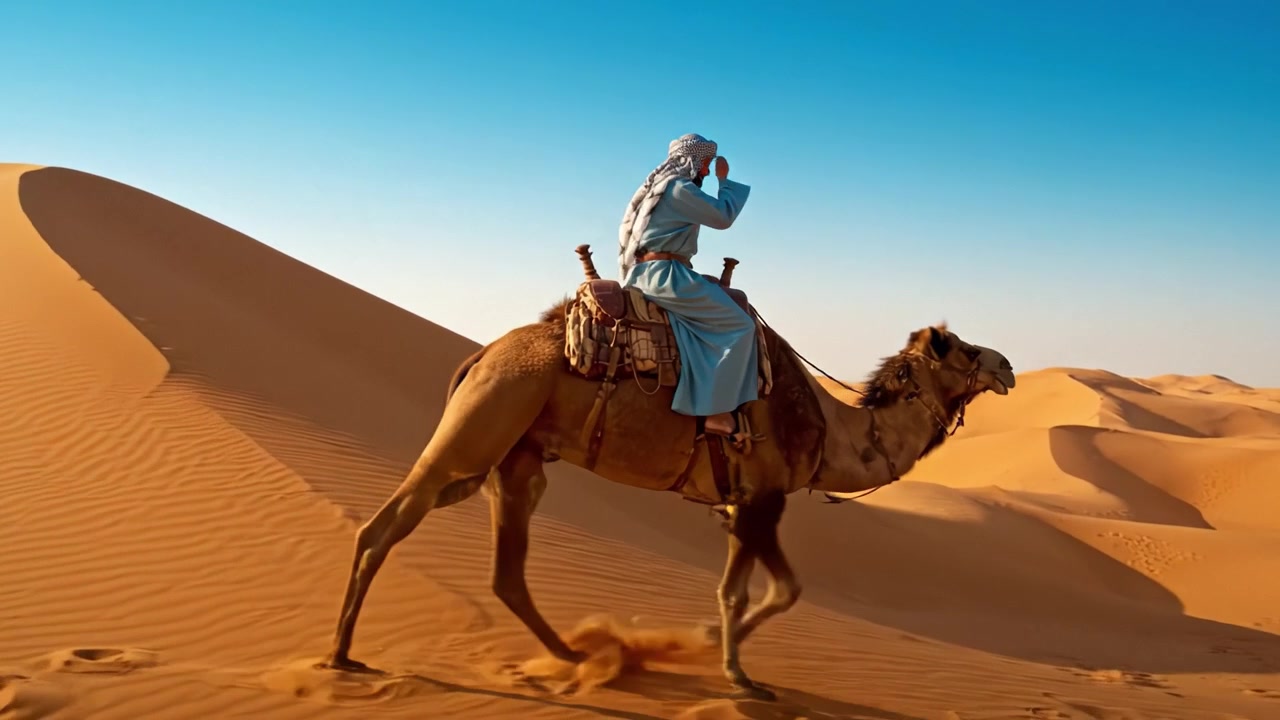 Un viaggio tranquillo attraverso le sabbie dorate: Esplorando i sereni paesaggi desertici durante un giro in cammello al tramonto