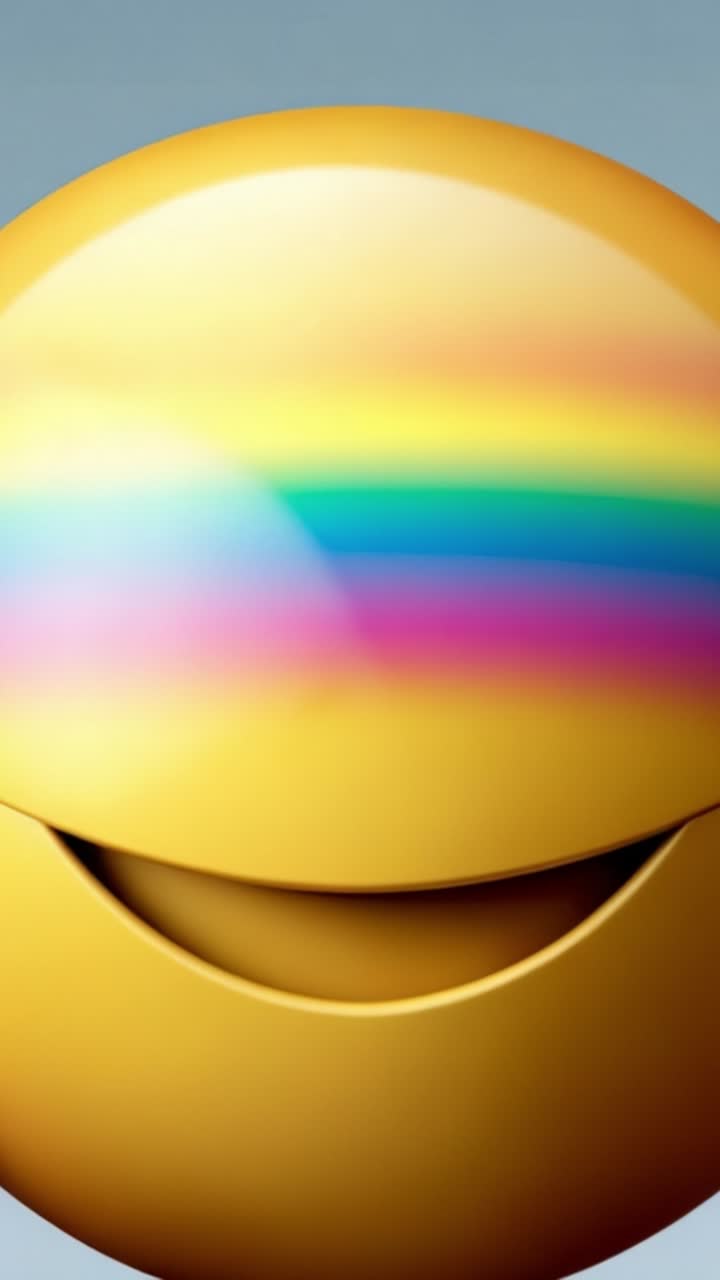Et levende, glad smiley-ansigt med regnbuefarvede hænder, der dækker det, hvilket viser glæde og kreativitet gennem en legende visuel repræsentation af følelser.