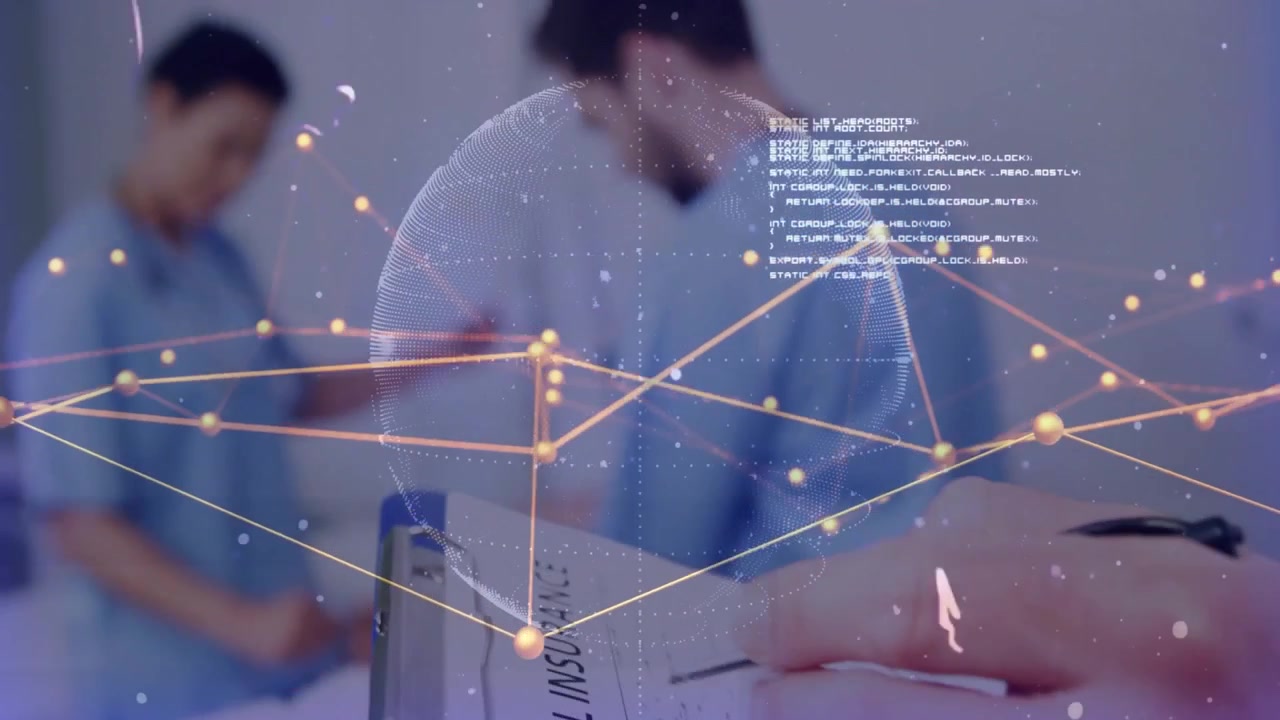 Læge holder pen og noterer patientinformation på udklipsblok, aktiverer medicinsk digital overlejring, der viser flow.
